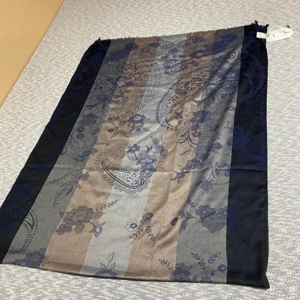 Navy blue and beige floral scarf with tassels. SKU923 #floral #scarf